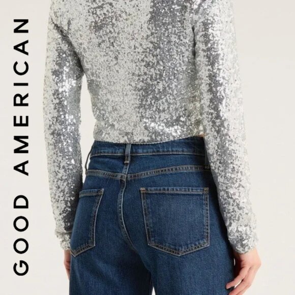 🆕 ✨ GOOD AMERICAN | Metallic Silver Sequin Crop Jacket | Size Small (S) ✨ - Picture 2 of 13
